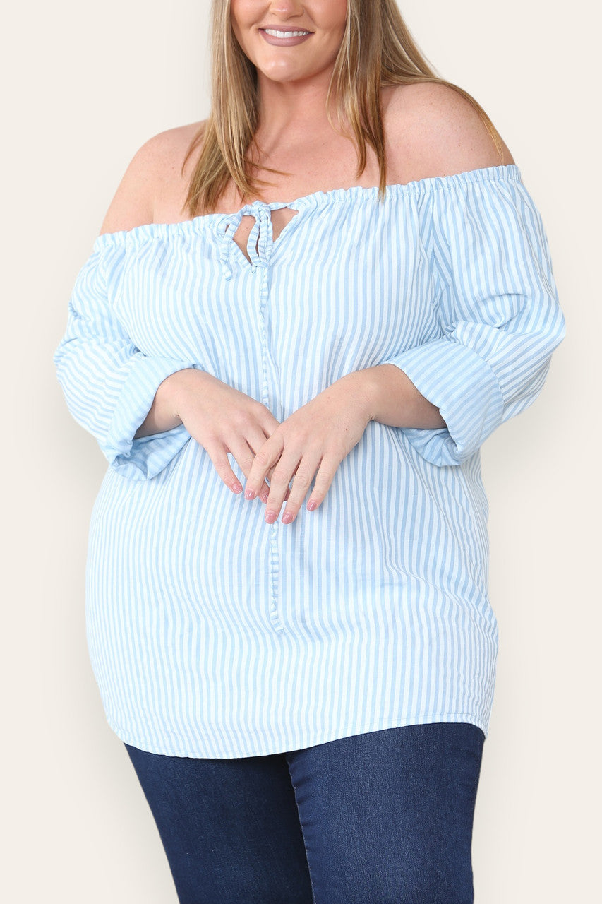 STRIPE TIE FRONT BARDOT TOP LIGHT BLUE