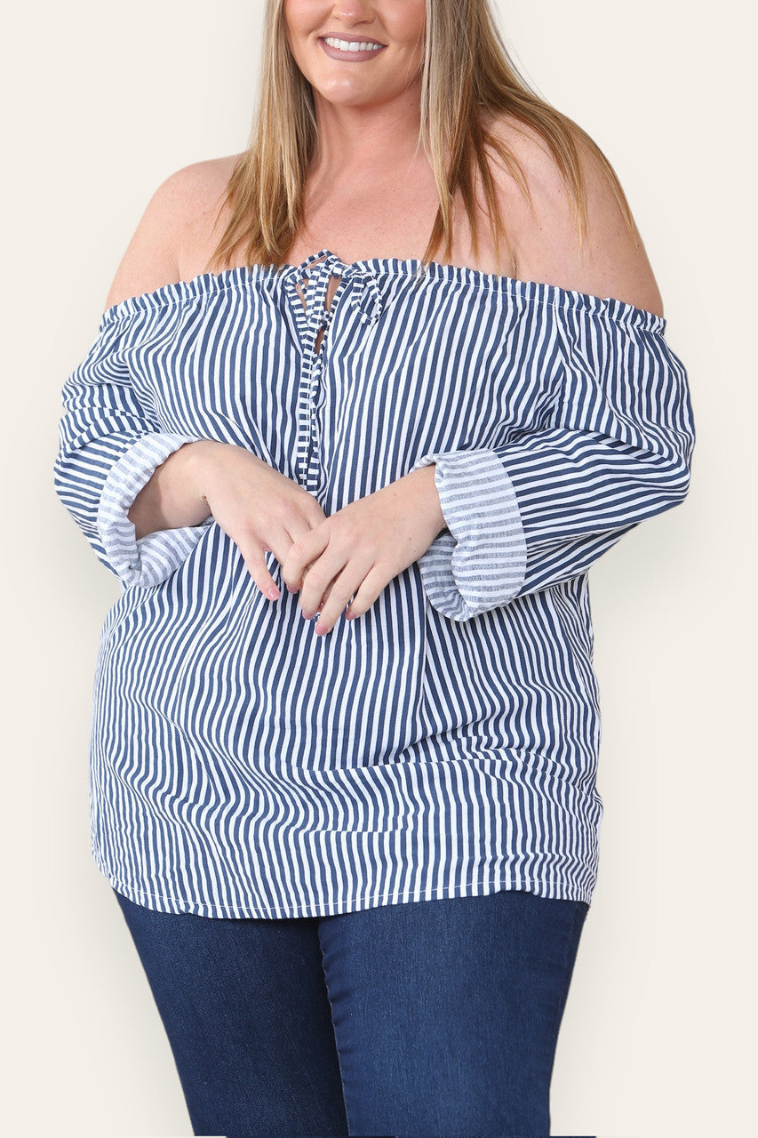 STRIPE TIE FRONT BARDOT TOP WHITE