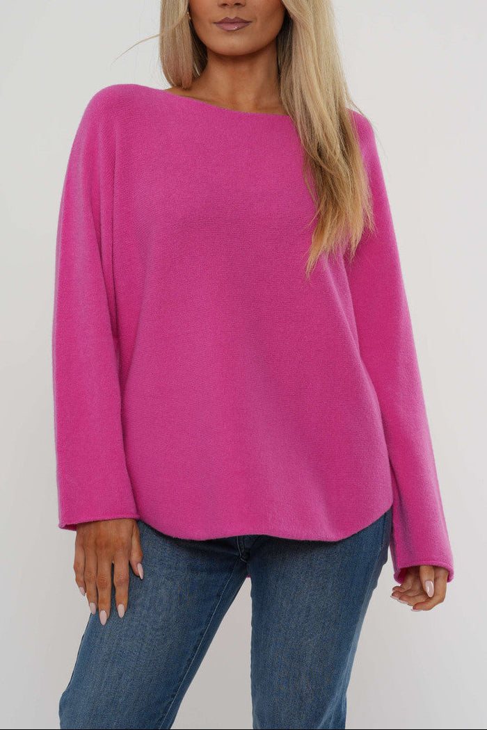 Fuchsia boat neck knit sweater with long sleeves and relaxed curved hem