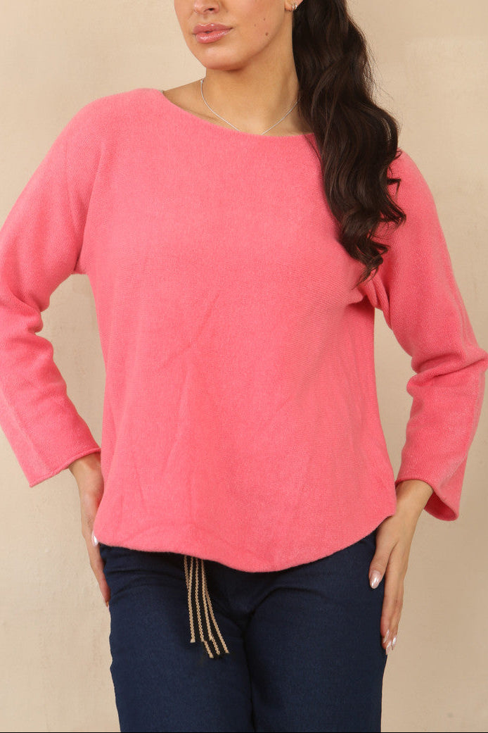 Dusty pink soft knit boat-neck sweater with curved relaxed fit and long sleeves