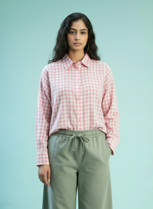 Gingham Relaxed Fit Button-Down Shirt - Pink