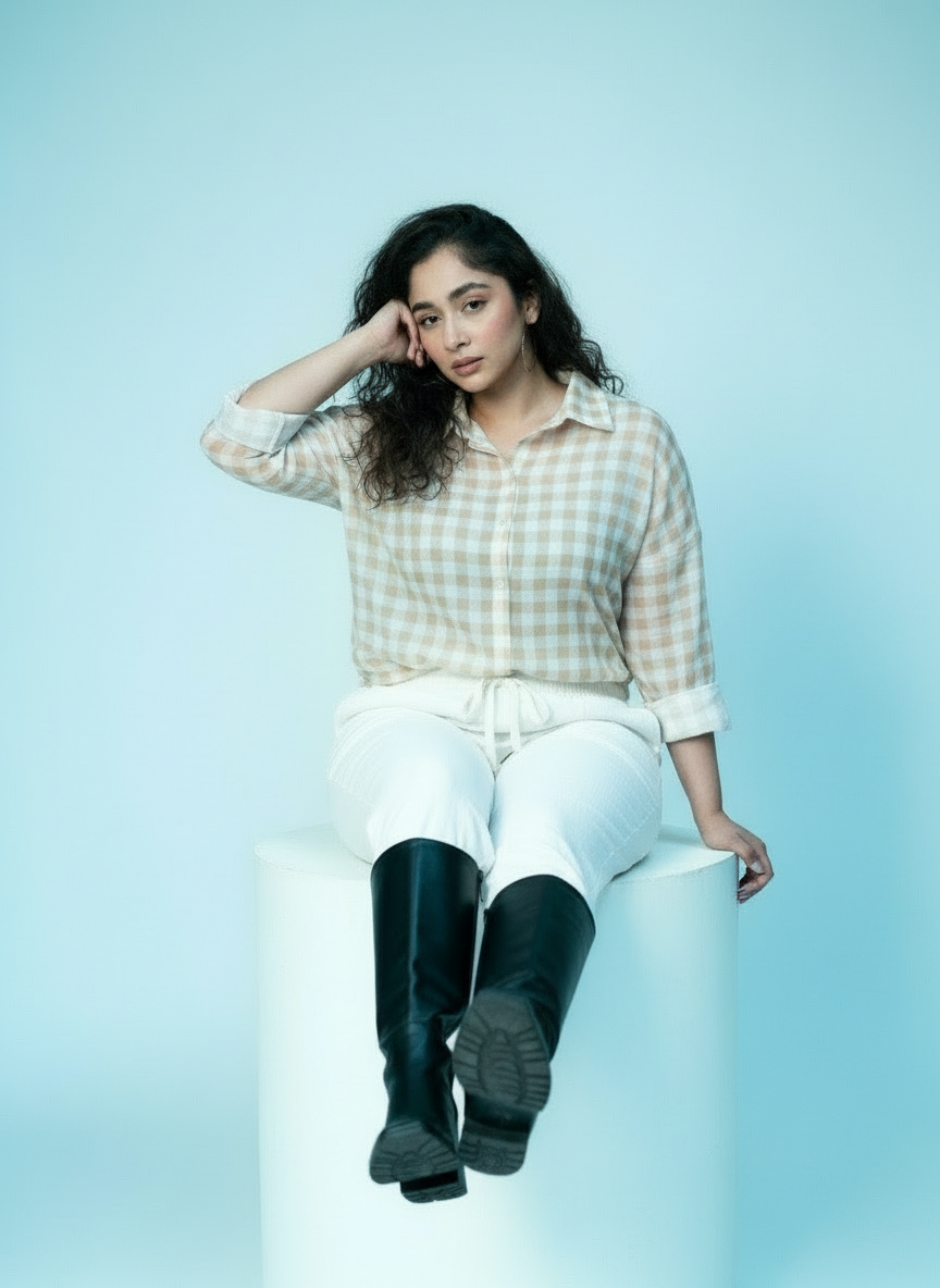 Gingham Relaxed Fit Button-Down Shirt - Beige