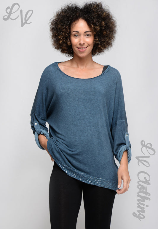 Blue jersey top with sequin hem and ruched sleeve tabs