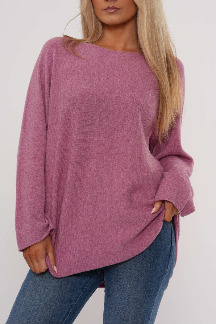 Mauve soft knit boat-neck sweater with long sleeves and relaxed curved fit