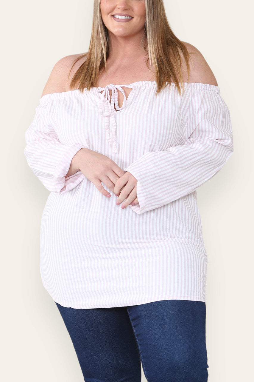 Gestreepte Bardot Top met Strikceintuur Oudroze