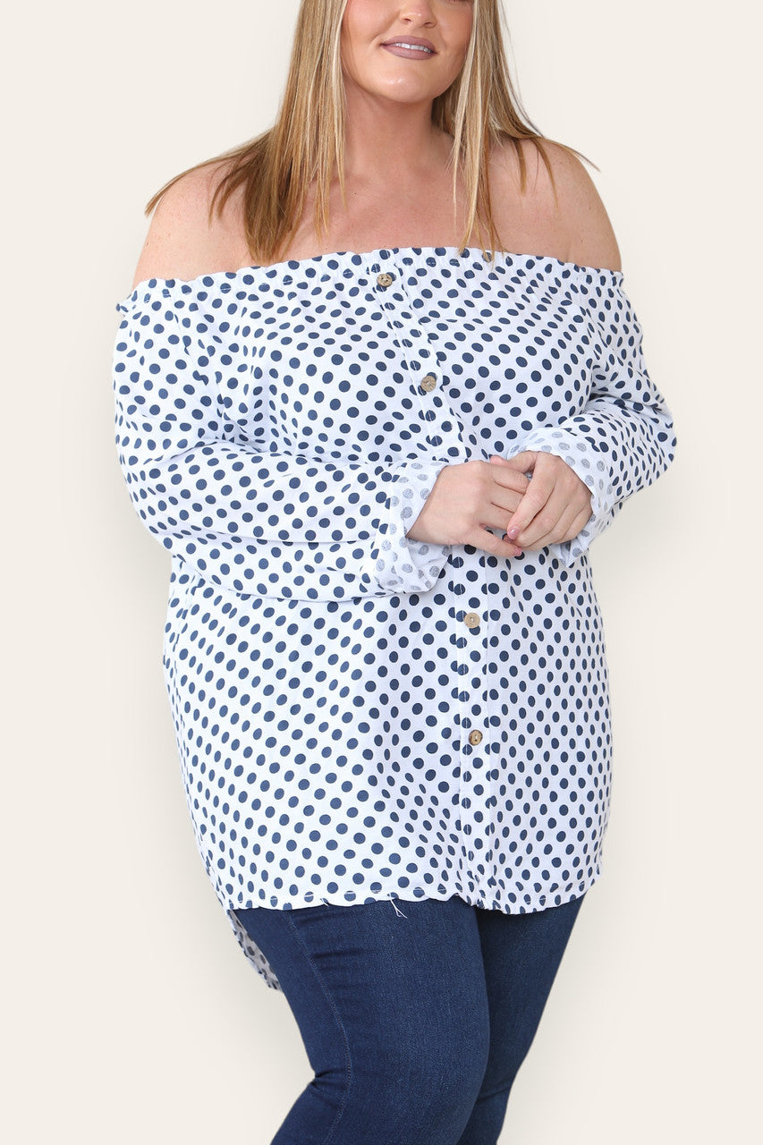 POLKA DOT BUTTON FRONT BARDOT TOP WHITE