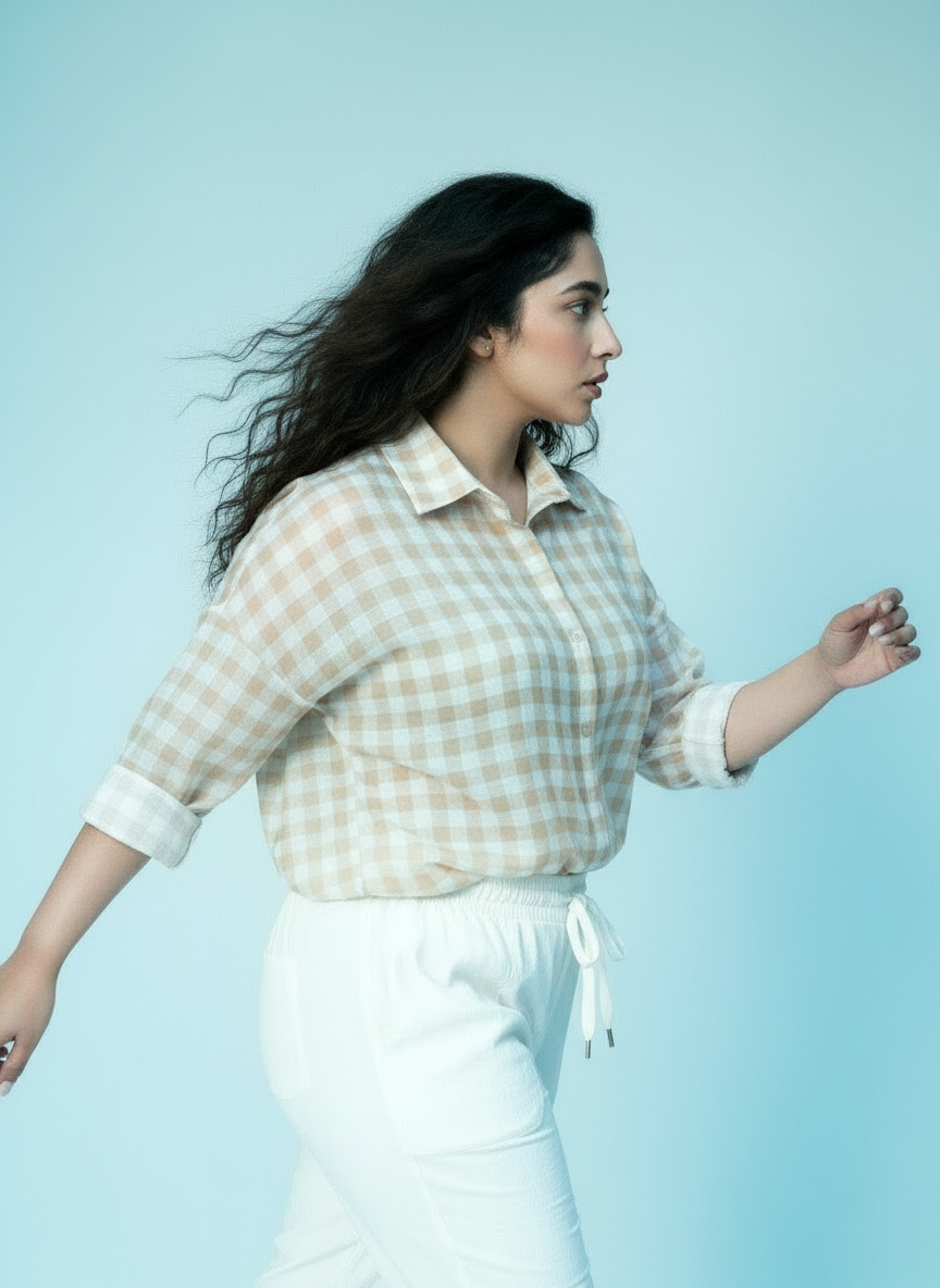Gingham Relaxed Fit Button-Down Shirt - Beige