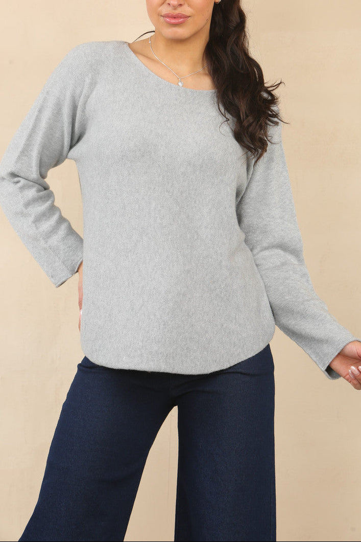 Light heather gray soft knit boat-neck sweater with long sleeves and relaxed curved fit