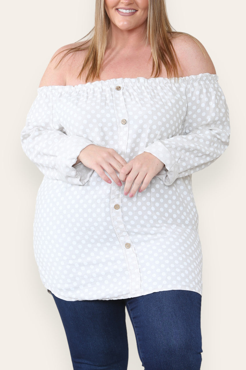 POLKA DOT BUTTON FRONT BARDOT TOP STONE