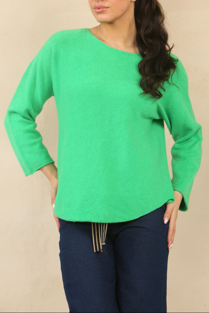 Bright green soft knit boat-neck sweater with curved relaxed fit and long sleeves