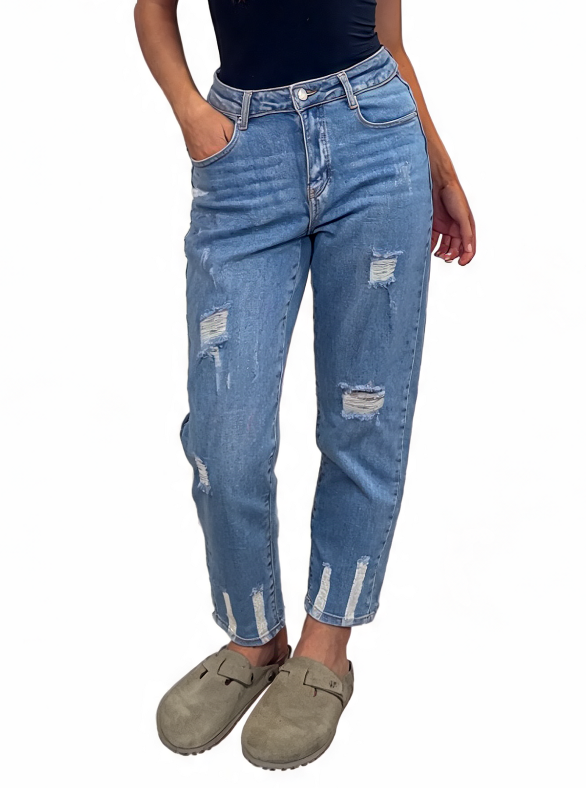 High Waisted Distressed Mom Ripped Cropped Denim Jeans