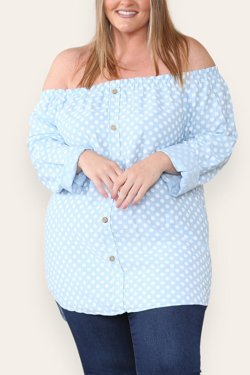 POLKA DOT BUTTON FRONT BARDOT TOP LIGHT BLUE