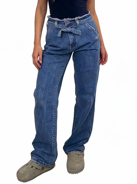 Tie-Waist Raw Hem Wide Leg Belted Jeans