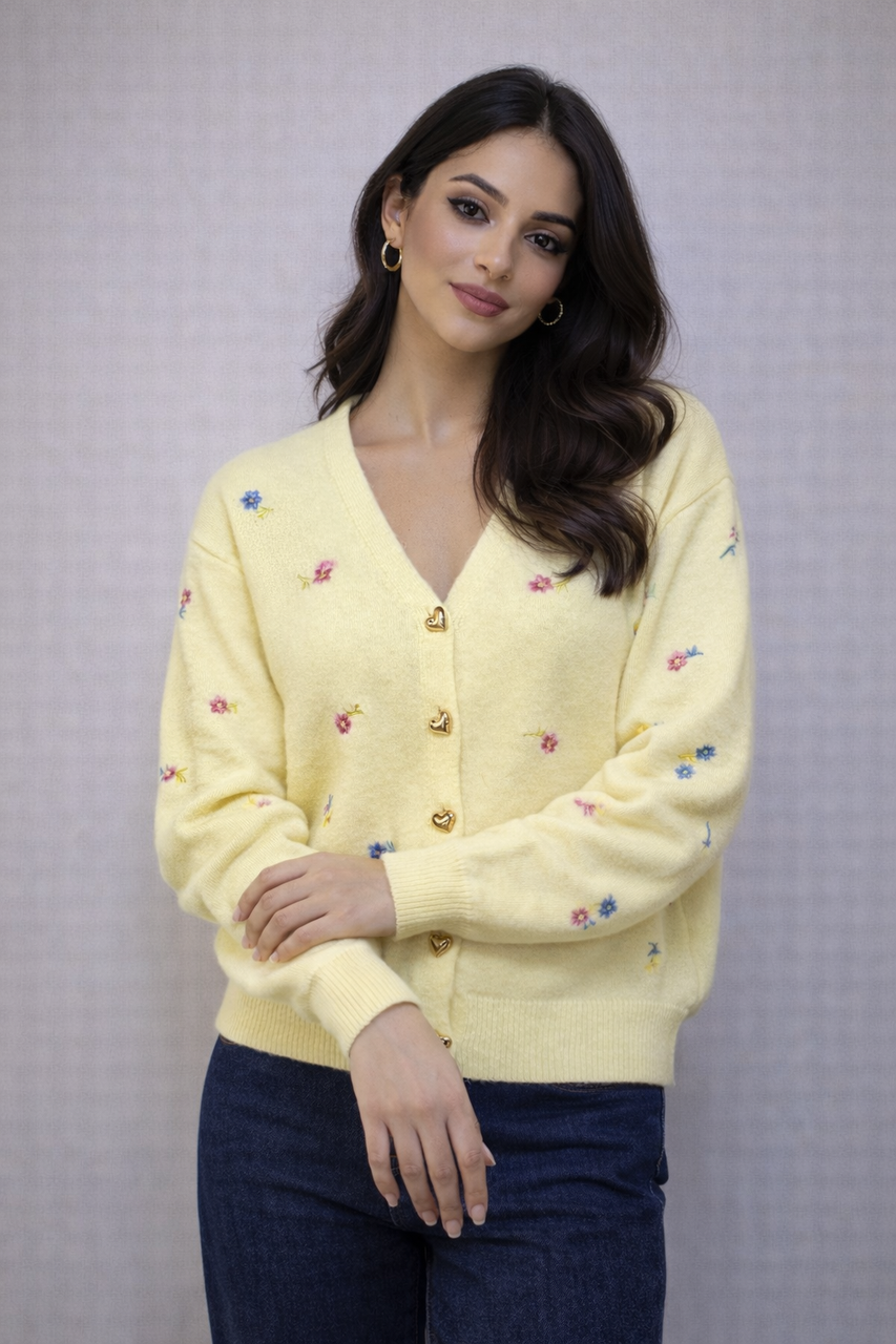 Embroidered Floral Button Cardigan - Lemon