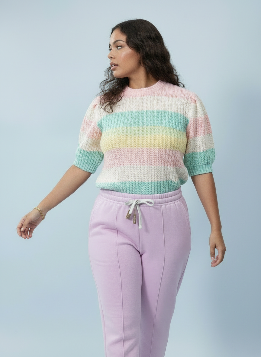 Pastel Stripe Short Sleeve Knitted Jumper Top - Soft Pink
