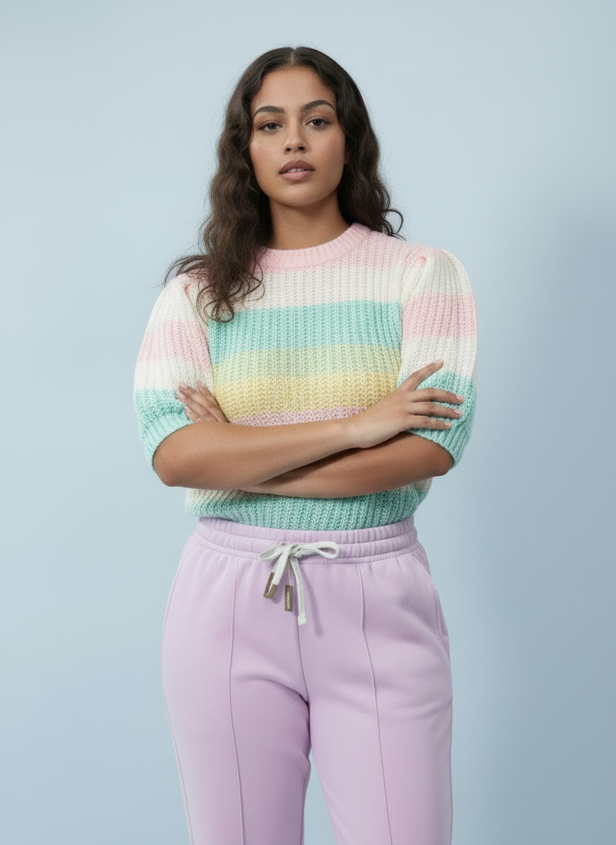 Pastel Stripe Short Sleeve Knitted Jumper Top - Soft Pink