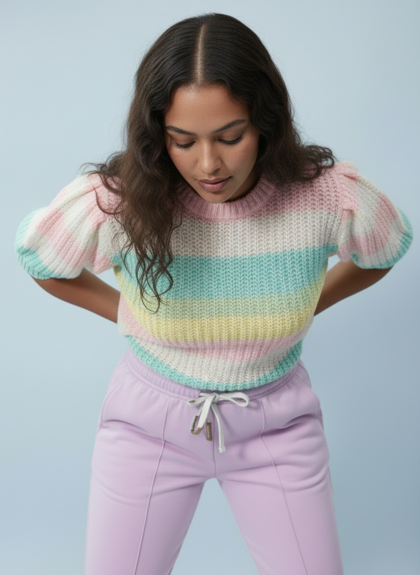 Pastel Stripe Short Sleeve Knitted Jumper Top - Soft Pink