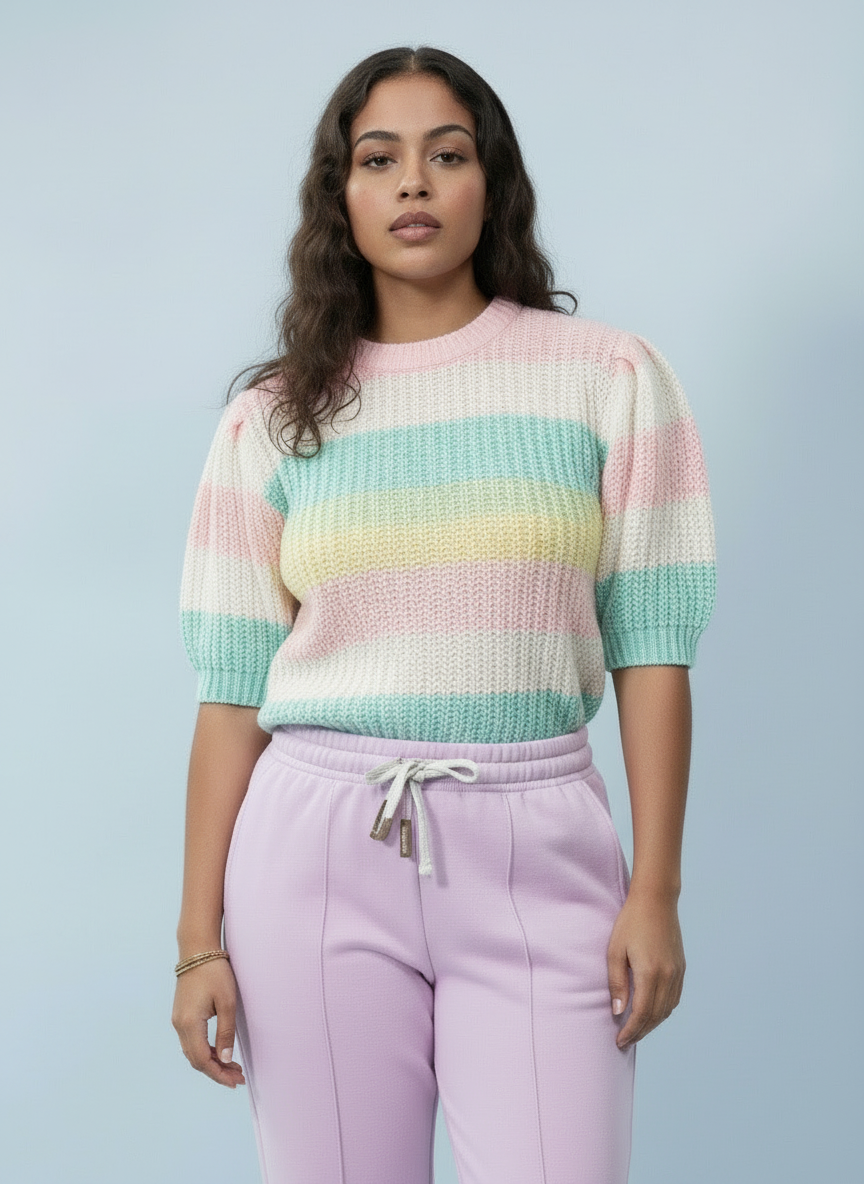 Pastel Stripe Short Sleeve Knitted Jumper Top - Soft Pink
