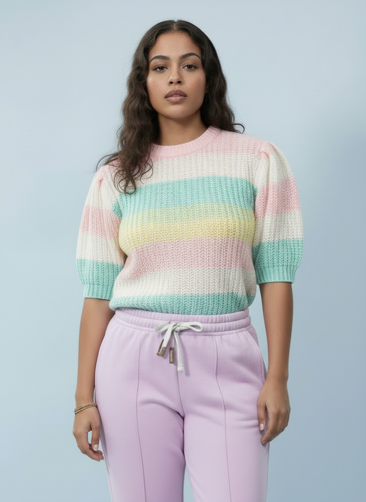 Pastel Stripe Short Sleeve Knitted Jumper Top - Soft Pink