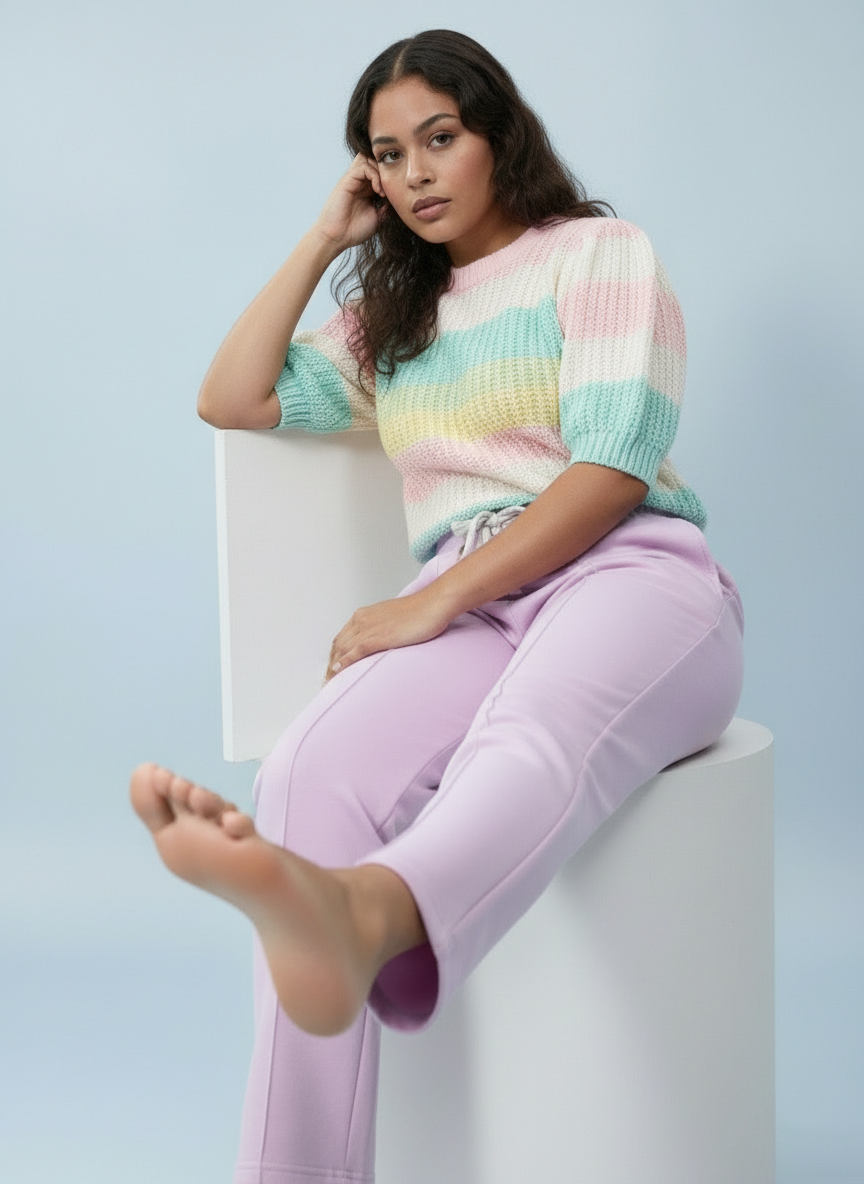 Pastel Stripe Short Sleeve Knitted Jumper Top - Soft Pink