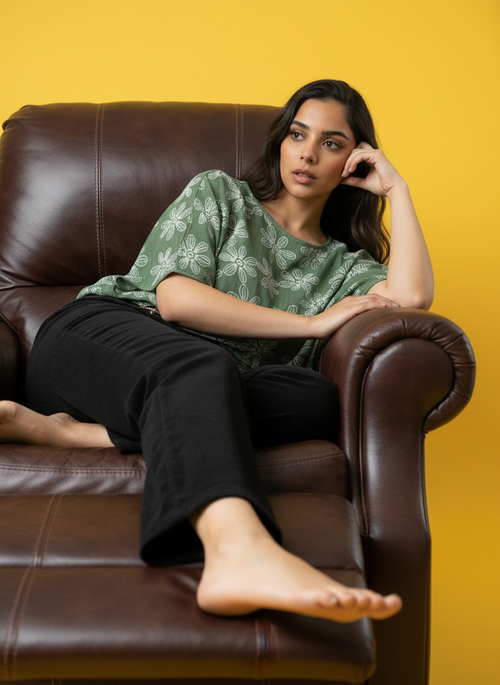 Floral Print Relaxed Fit Sleeve Top - Khaki