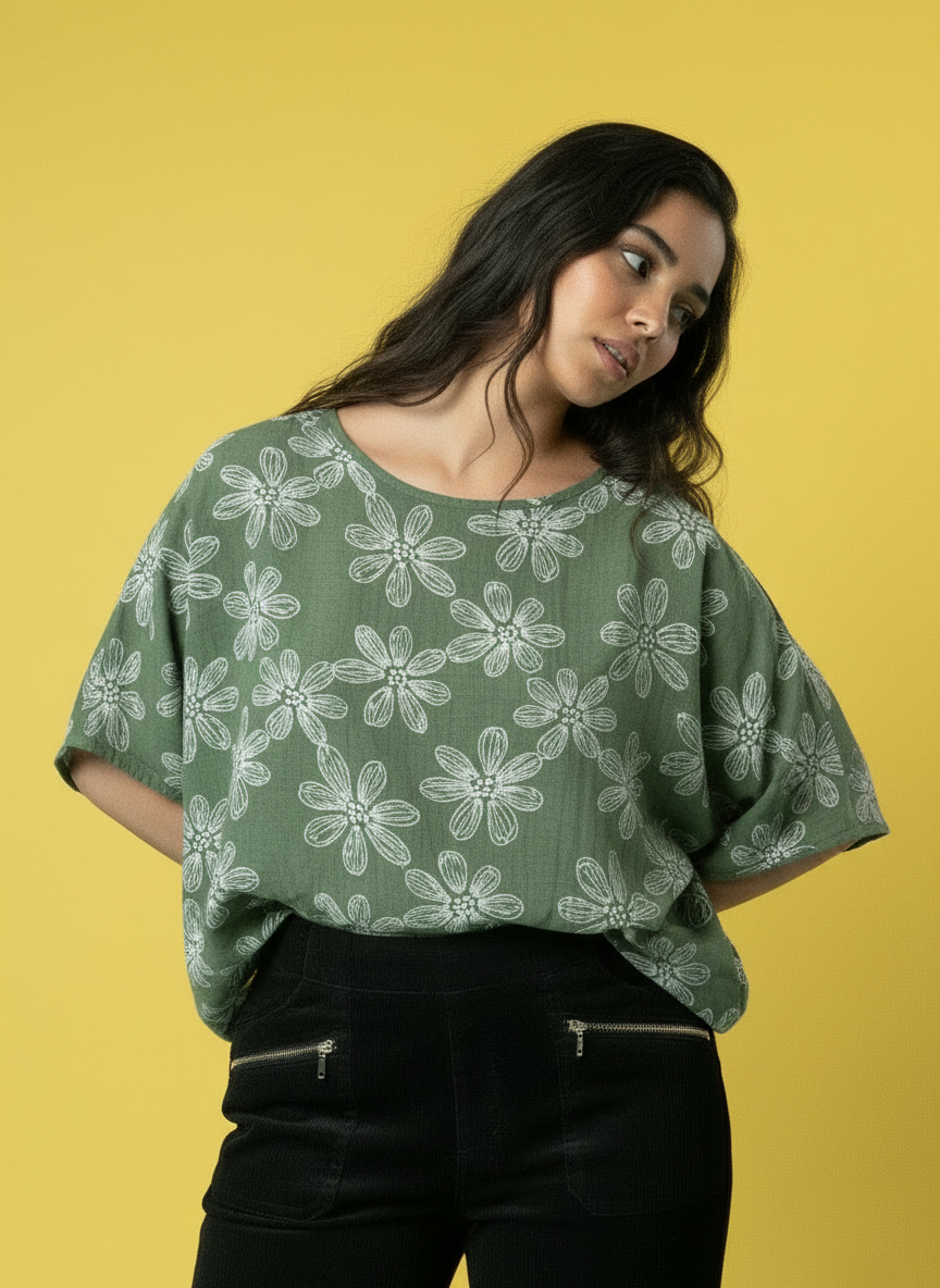 Top met bloemenprint en relaxte pasvorm - Kaki