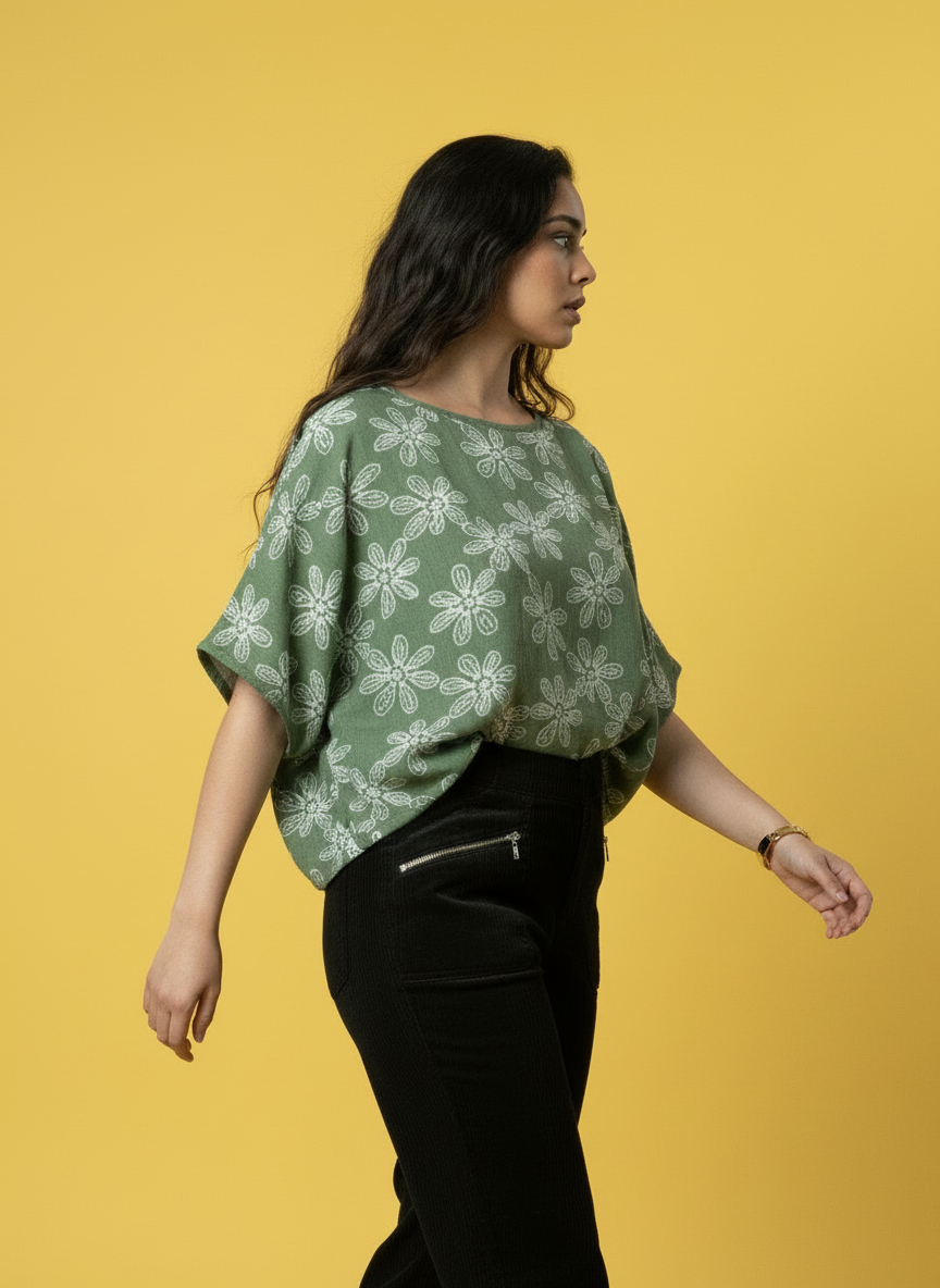 Floral Print Relaxed Fit Sleeve Top - Khaki