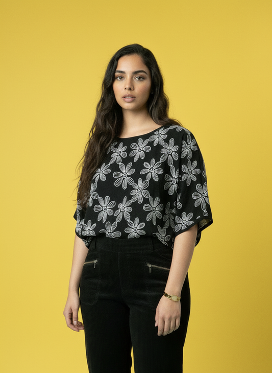 Floral Print Relaxed Fit Sleeve Top - Black