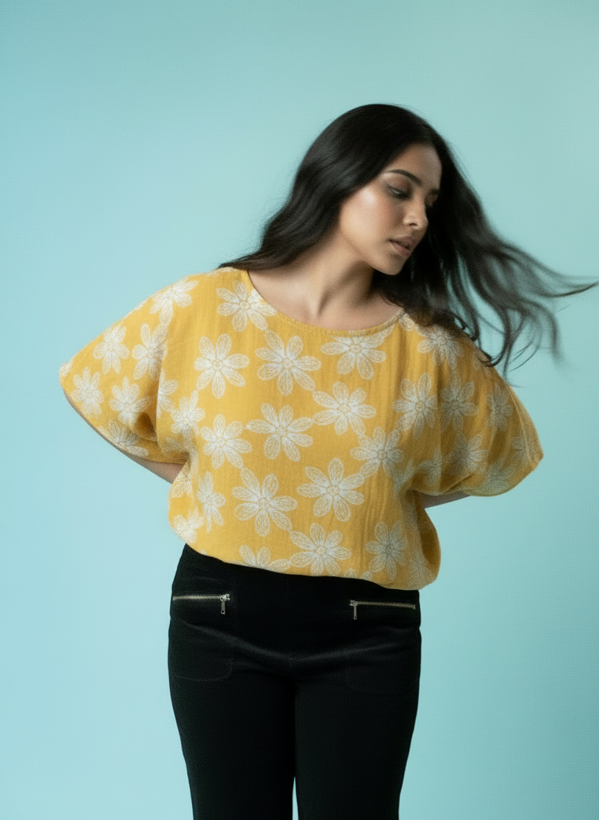 Floral Print Relaxed Fit Sleeve Top - Lemon