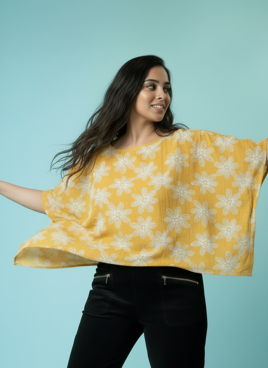 Floral Print Relaxed Fit Sleeve Top - Lemon