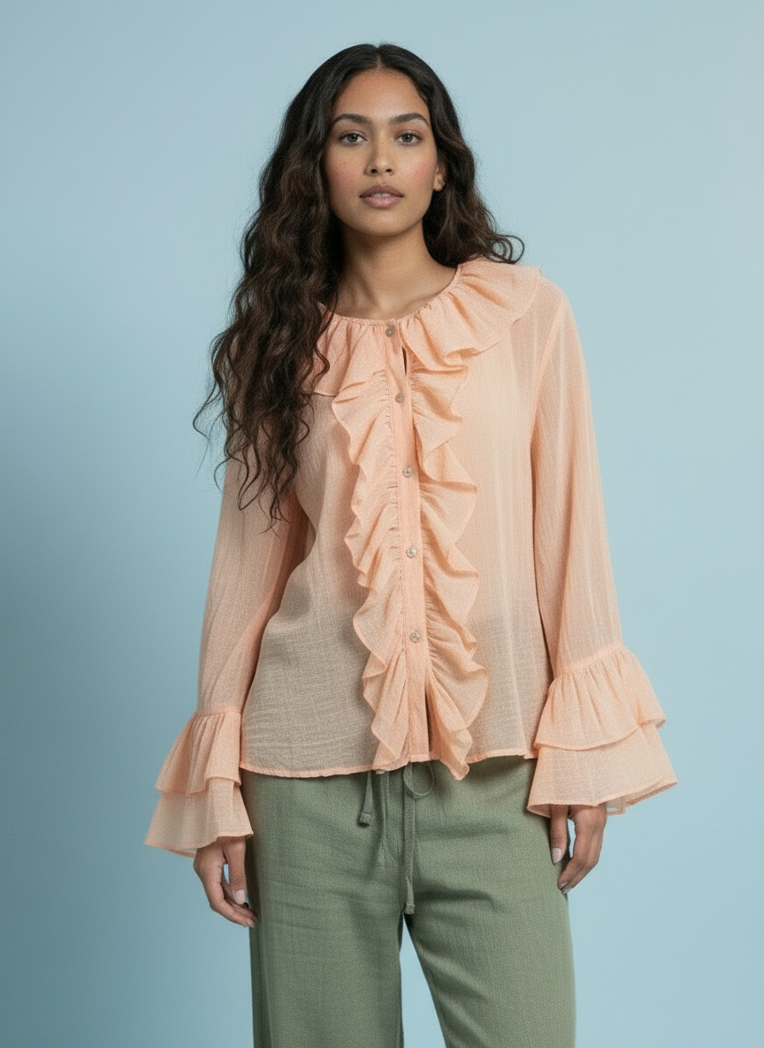 Romantic Ruffle Front Sheer Blouse – Peach