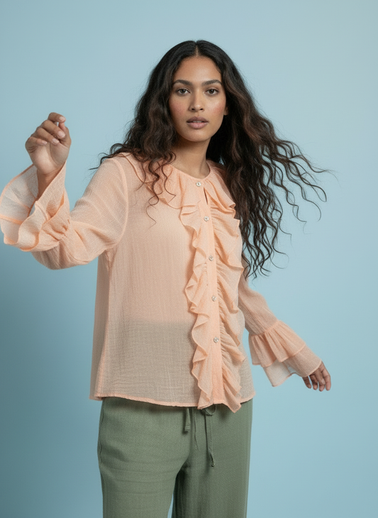 Romantic Ruffle Front Sheer Blouse – Peach