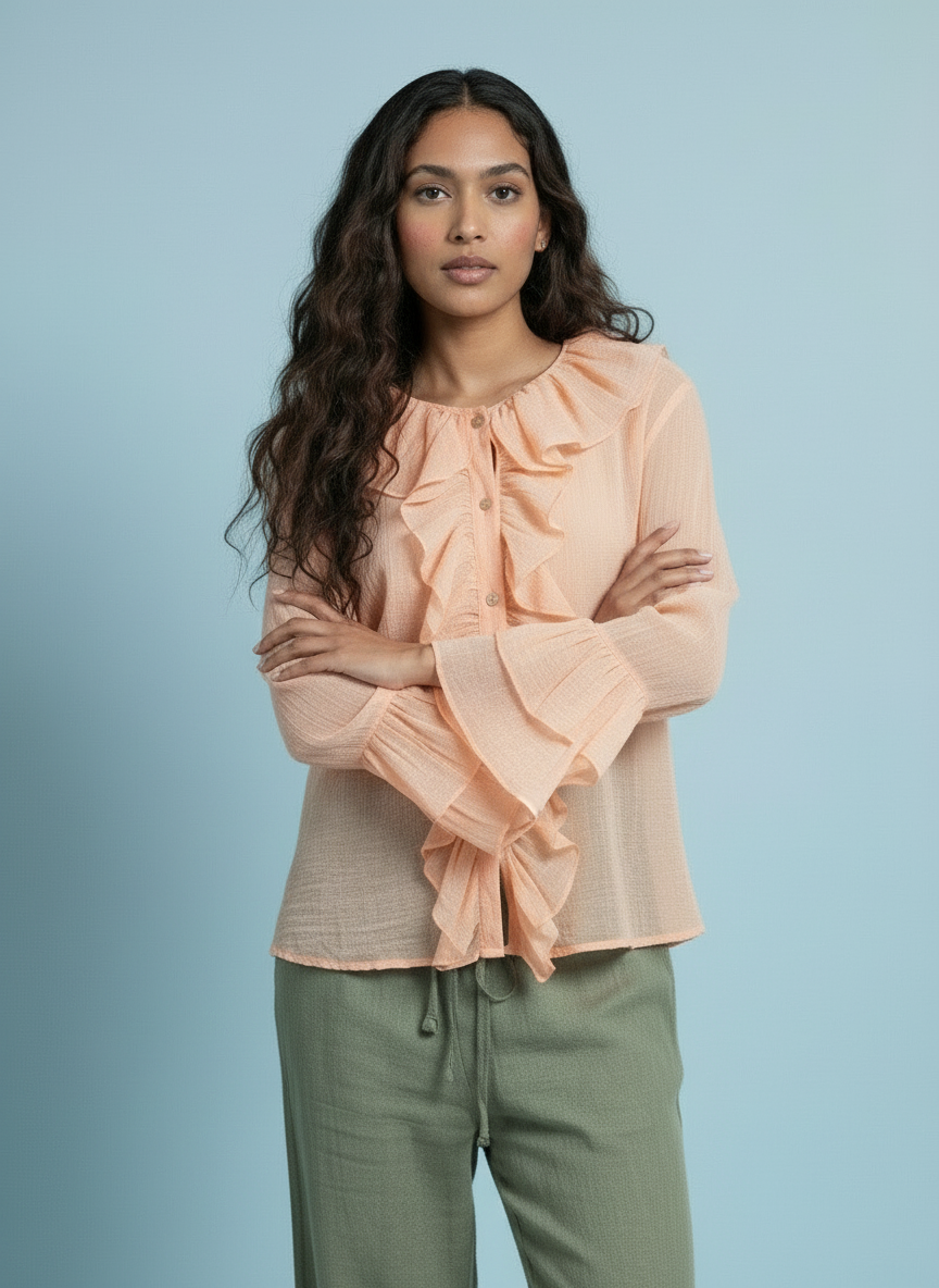 Romantic Ruffle Front Sheer Blouse – Peach