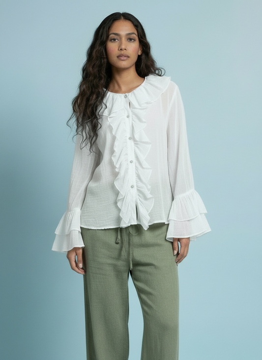 Romantic Ruffle Front Sheer Blouse – White
