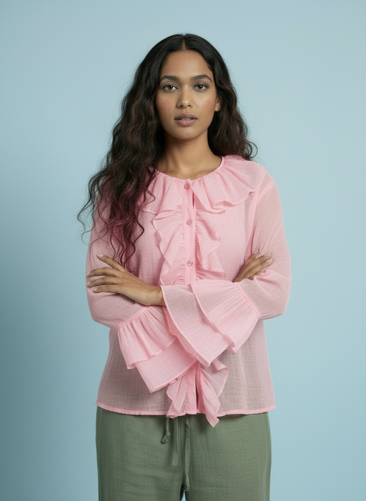 Romantic Ruffle Front Sheer Blouse – Soft Pink