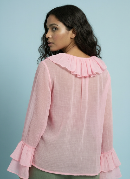Romantic Ruffle Front Sheer Blouse – Soft Pink