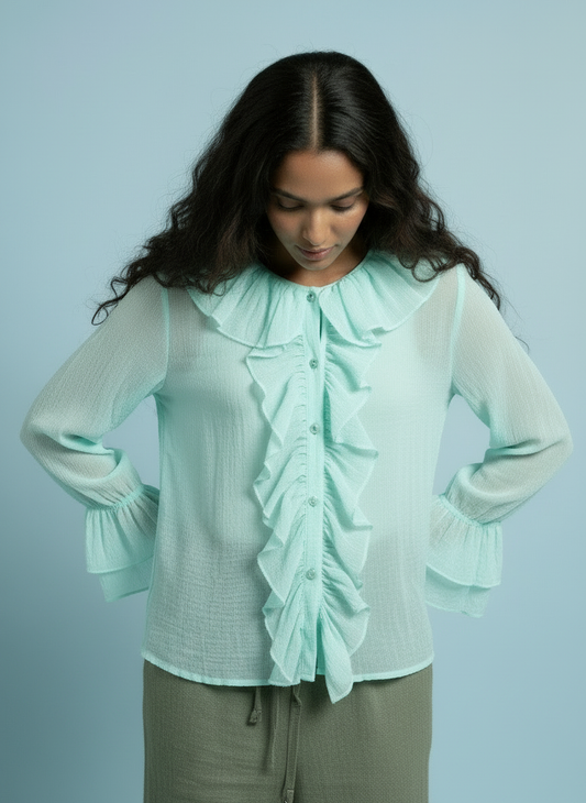 Romantic Ruffle Front Sheer Blouse – Aqua