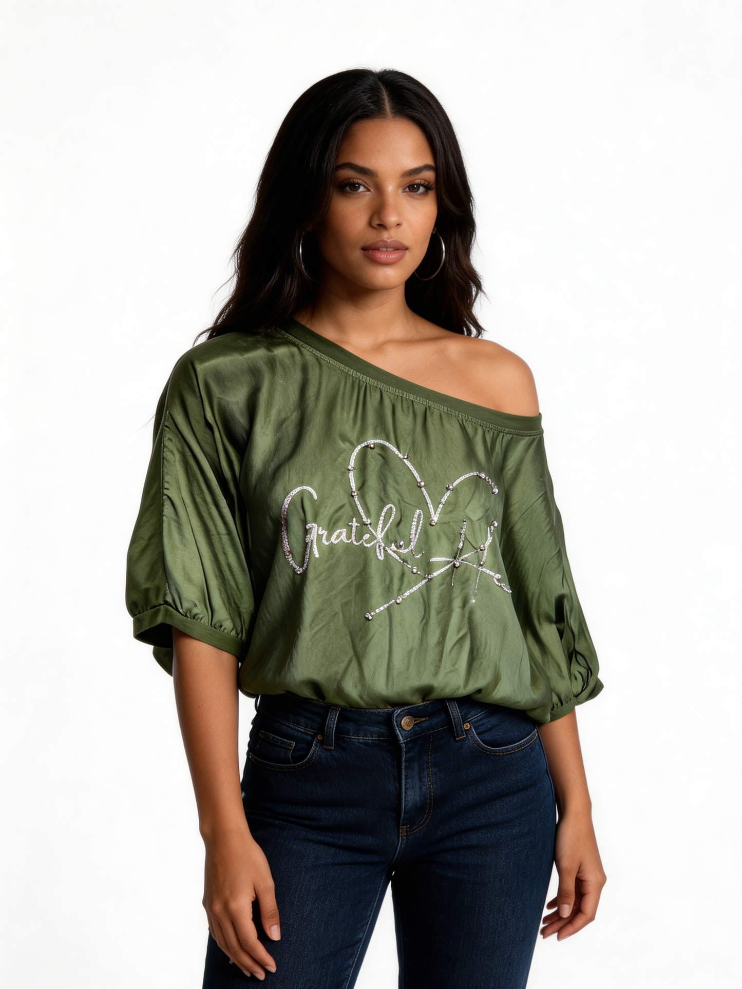Off-Shoulder Graphic Tee Relaxed Fit Casual Top - Khaki