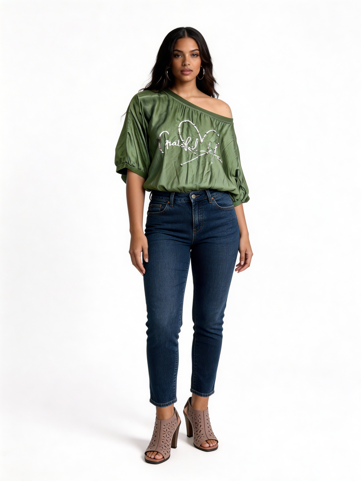 Off-Shoulder Graphic Tee Relaxed Fit Casual Top - Khaki