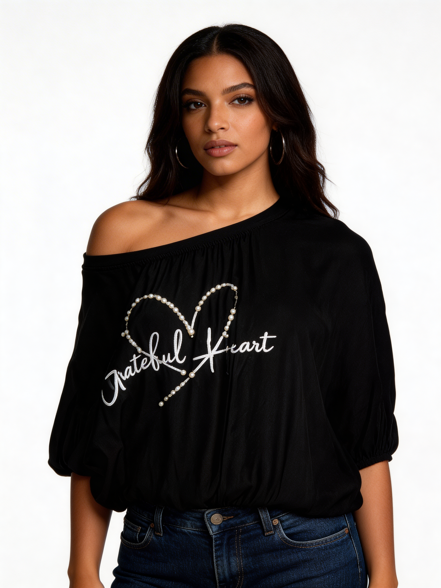 Off-Shoulder Graphic Tee Relaxed Fit Casual Top - Black