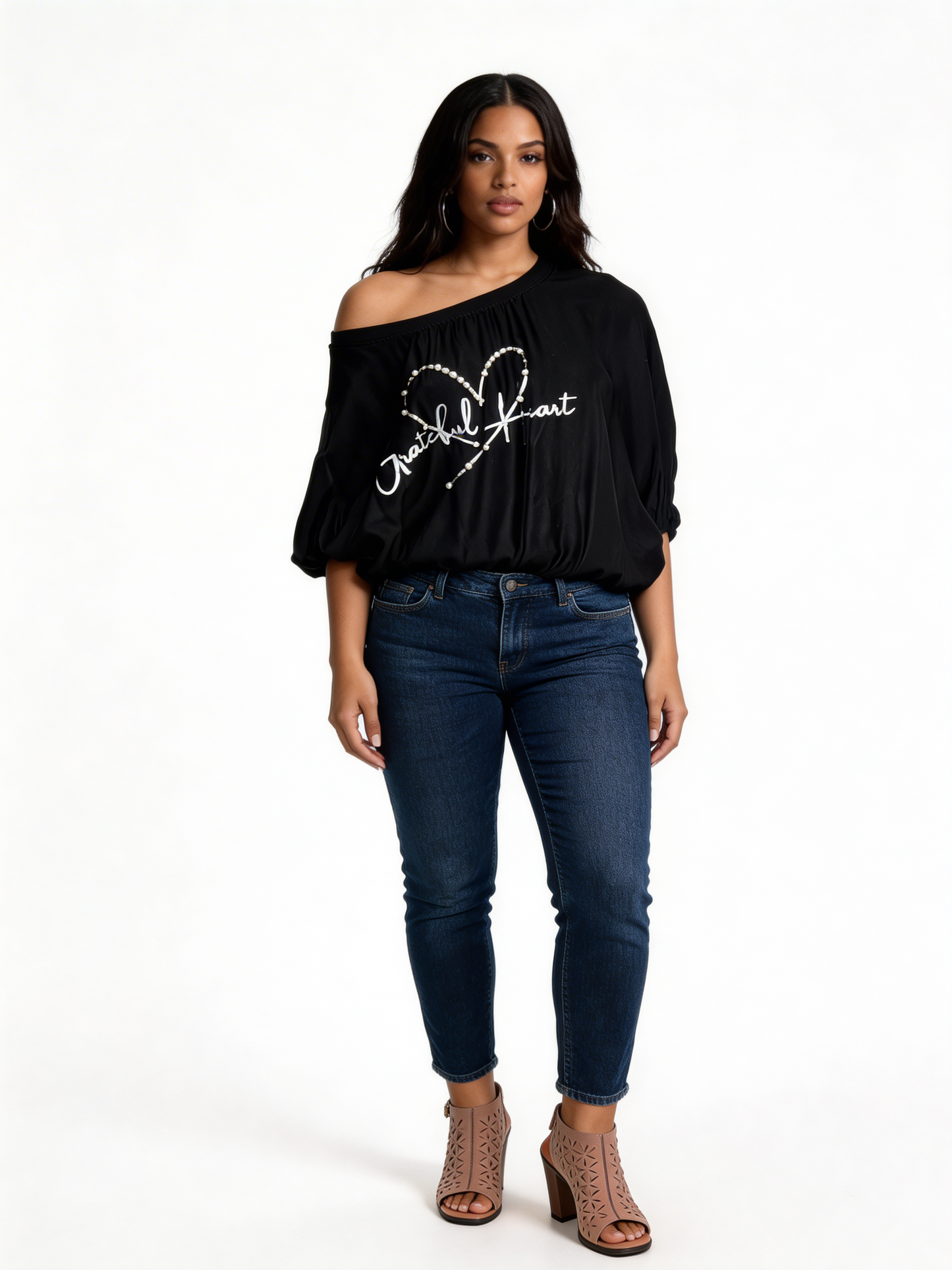 Off-Shoulder Graphic Tee Relaxed Fit Casual Top - Black