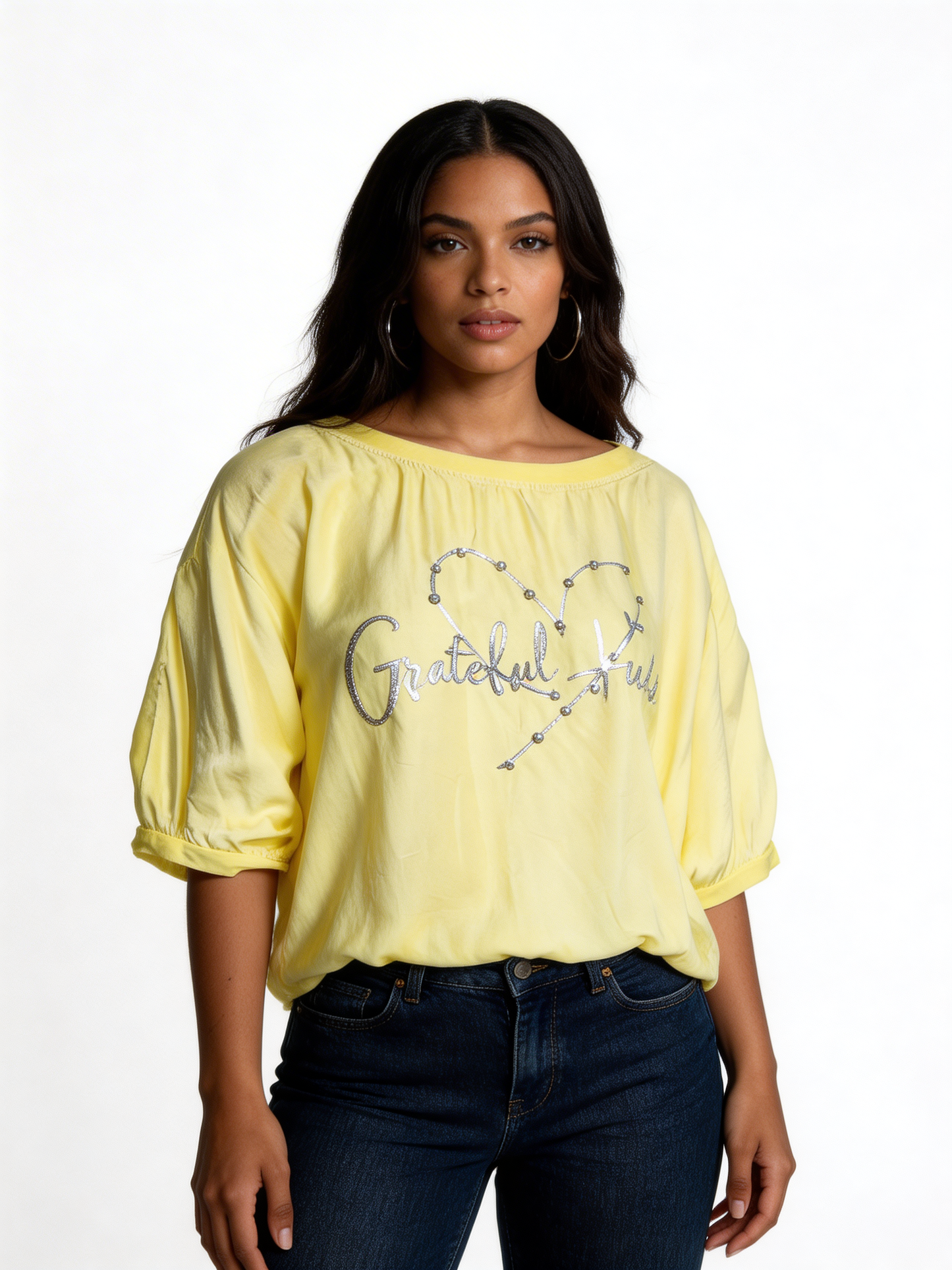 Off-Shoulder Graphic Tee Relaxed Fit Casual Top - Lemon