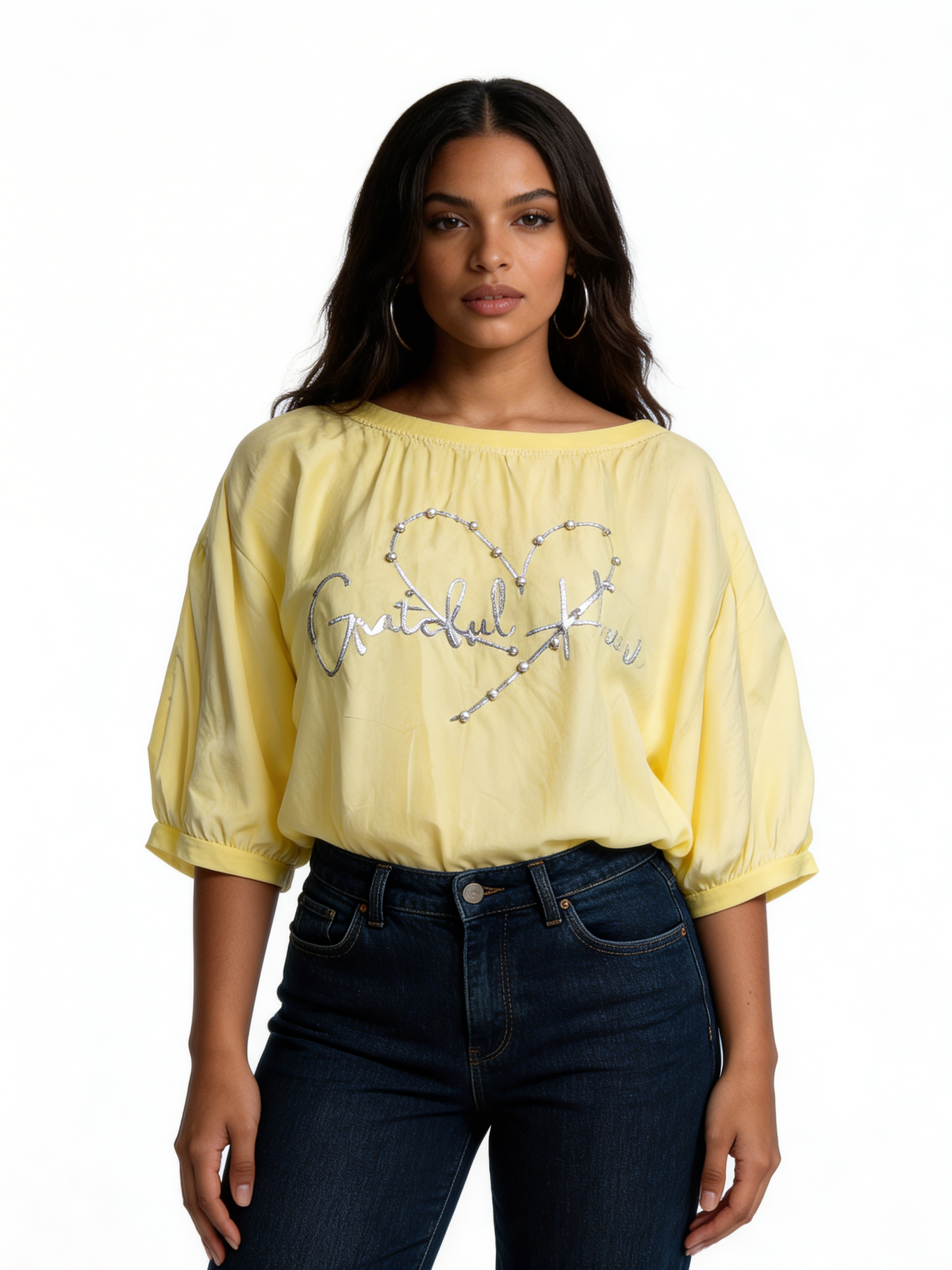 Off-Shoulder Graphic Tee Relaxed Fit Casual Top - Lemon