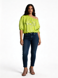 Off-Shoulder Graphic Tee Relaxed Fit Casual Top - Lime