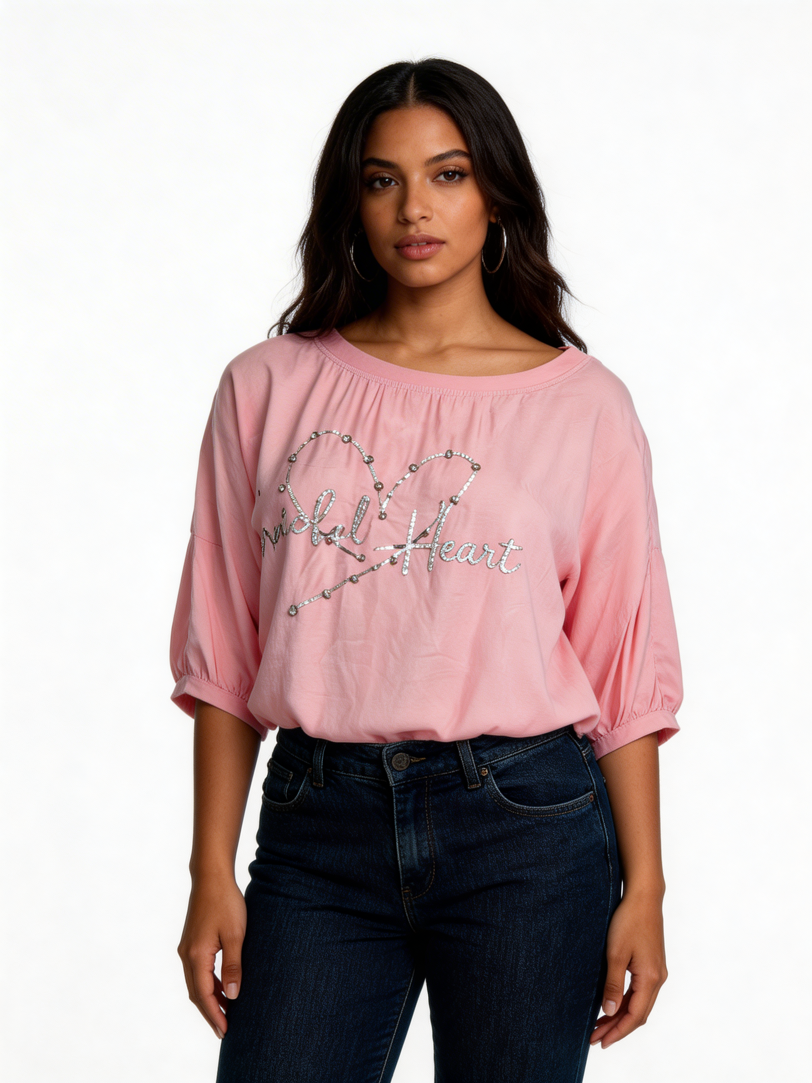 Off-Shoulder Graphic Tee Relaxed Fit Casual Top - Pink