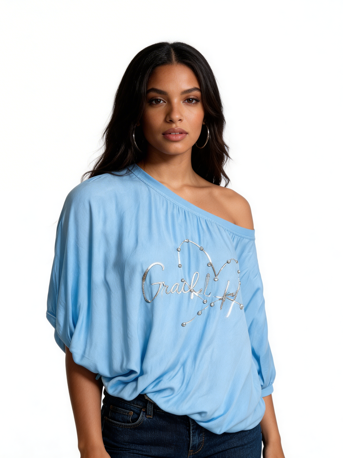 Off-Shoulder Graphic Tee Relaxed Fit Casual Top - Sky Blue