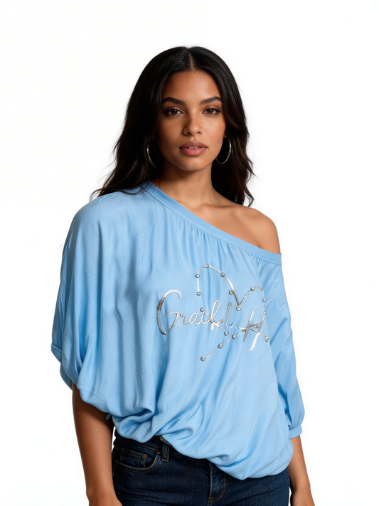 Off-Shoulder Graphic Tee Relaxed Fit Casual Top - Sky Blue