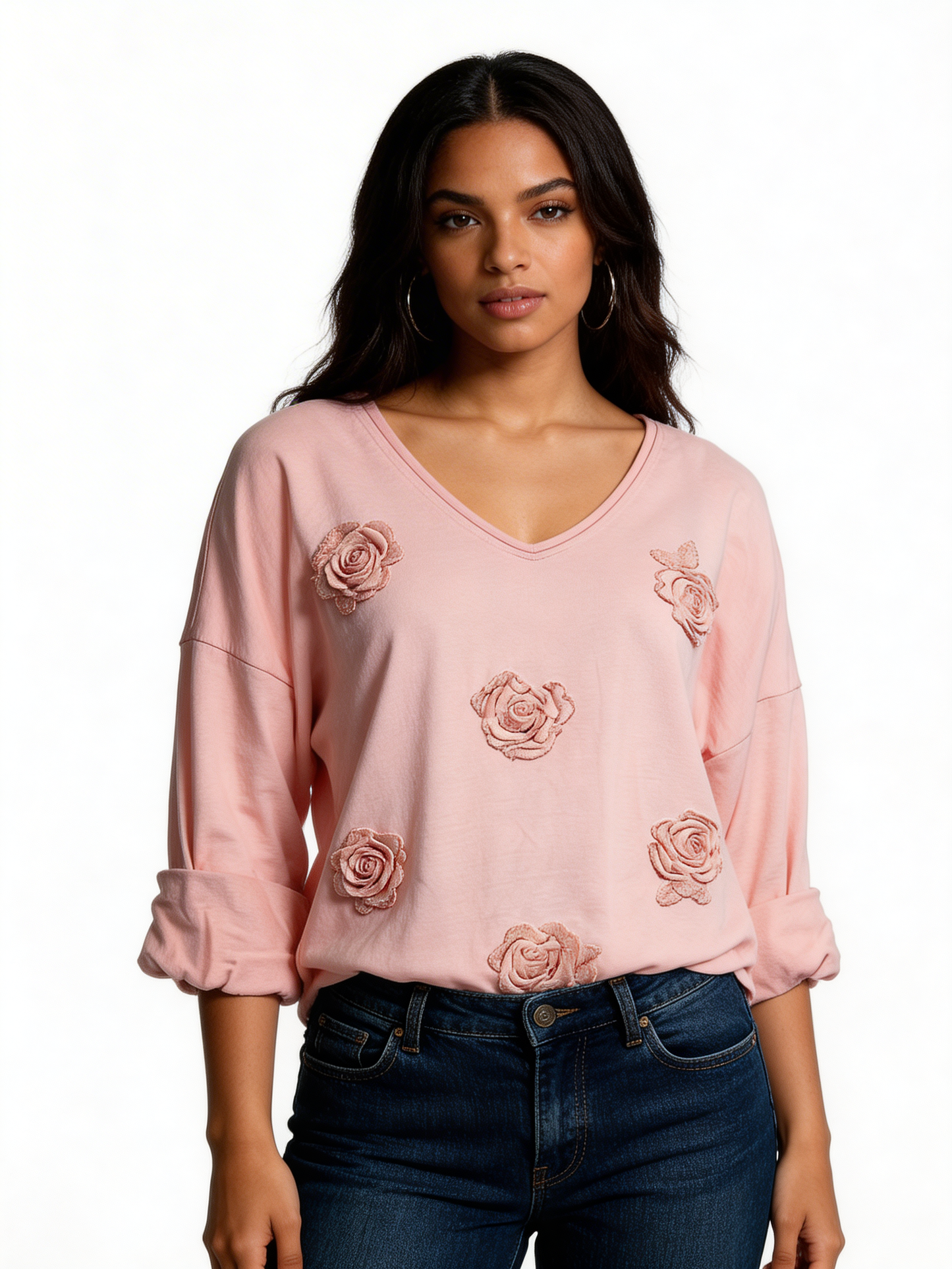 Knit Sweater with Floral Button Detail - Pink