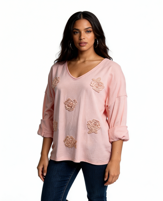 Knit Sweater with Floral Button Detail - Pink