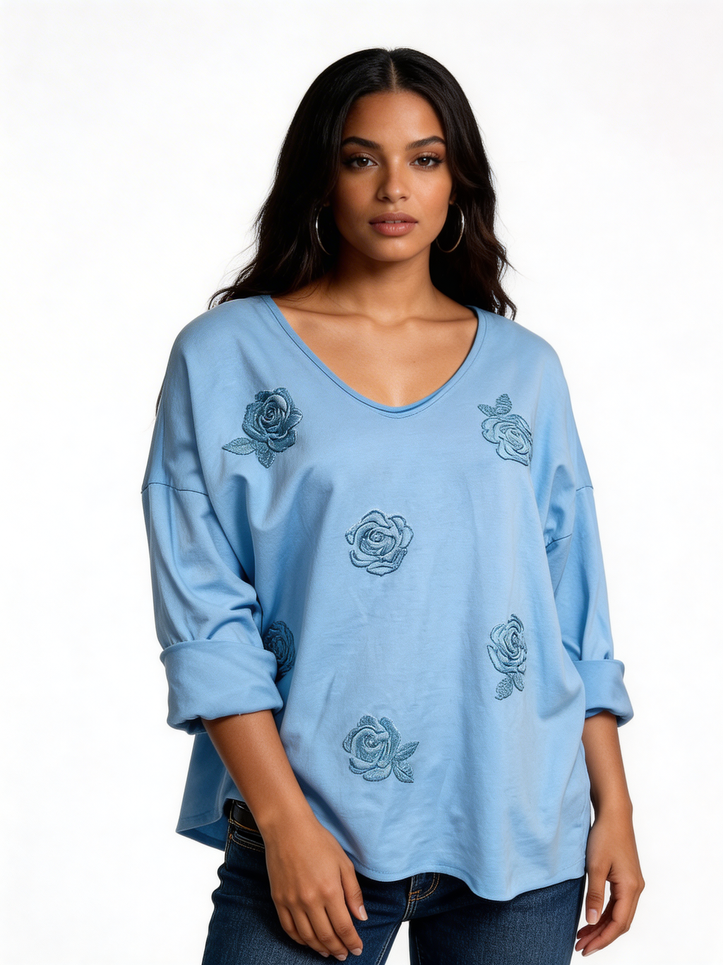 Knit Sweater with Floral Button Detail - Sky Blue